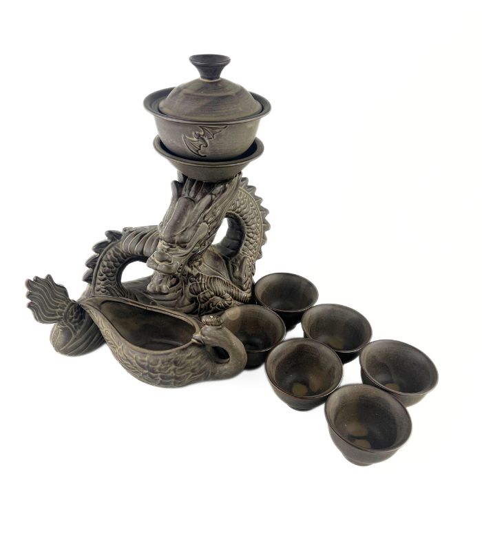 Чайний сервіз Дракон та Чаша з глини 9 предметів коричневий